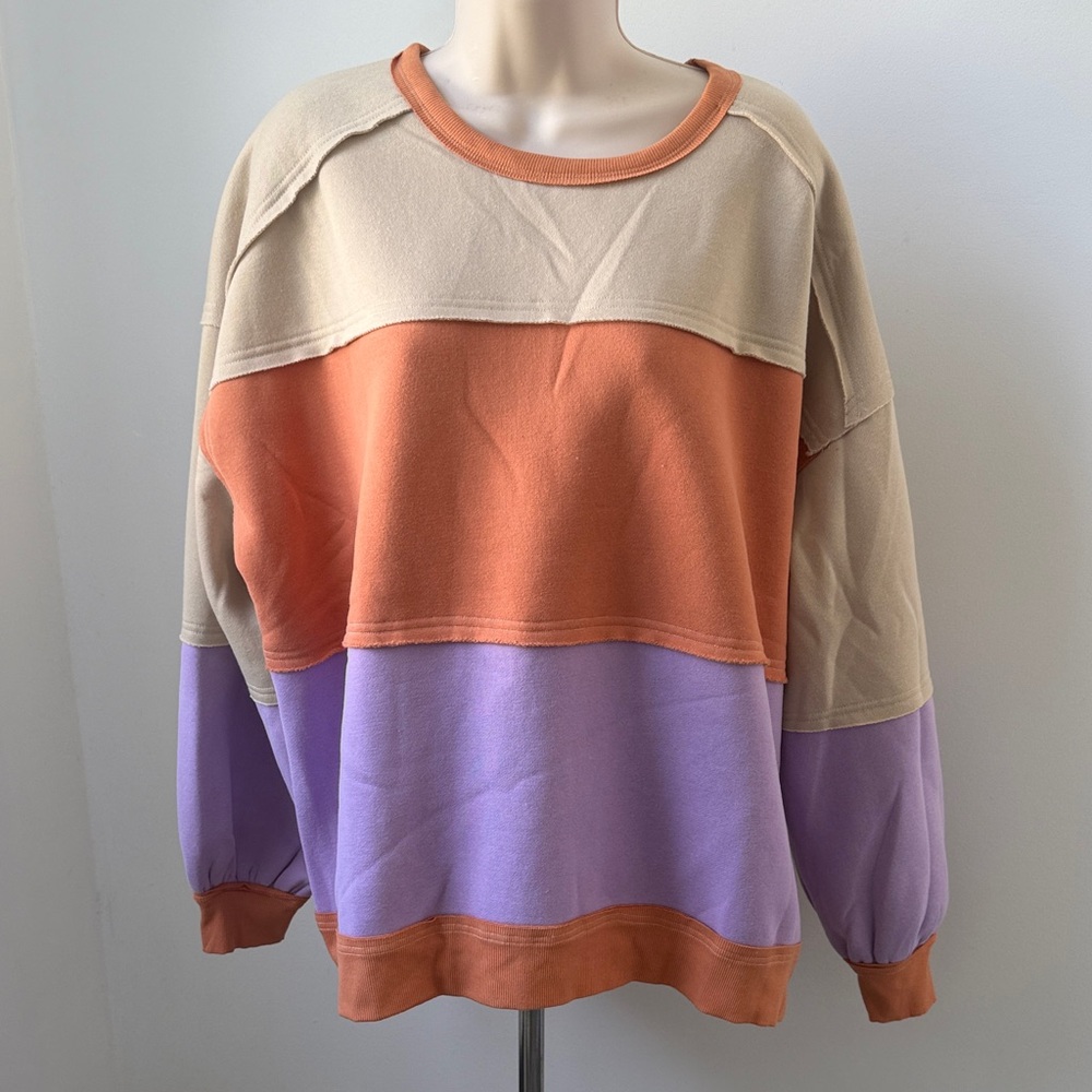 Easel Medium Colorblock Crewneck Sweatshirt in Beige Orange Lavender super soft